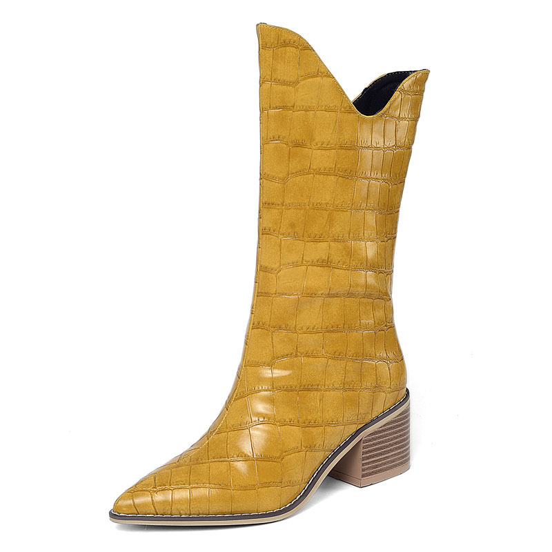 European Station Pointed Stone Grain Surface Wood Grain Coarse Heel Sleeve Women's Ankle Boots Simple Large Size Outfit Fashion Single Boots
