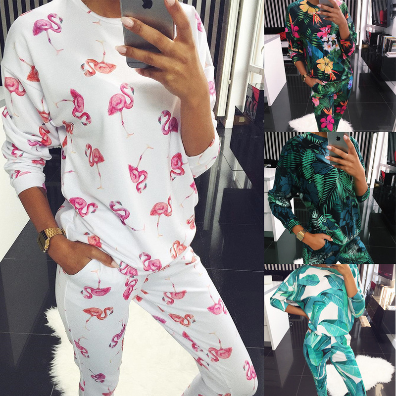 Cross-border Women's Clothing Amazon Explosions White plus size Loose Printing Round Neck Fashion Women's Casual Home Clothes suit