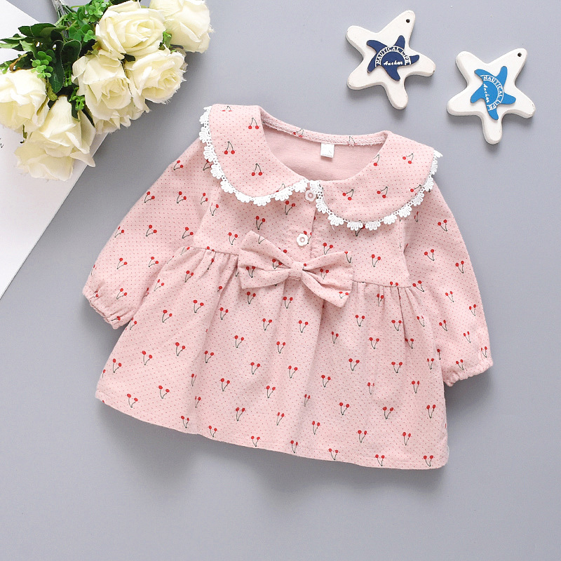 Autumn 2022 Children's Wear New Girls' dress Small Cherry Print Doll Collar Bow Long Sleeve Cute Children's Dress