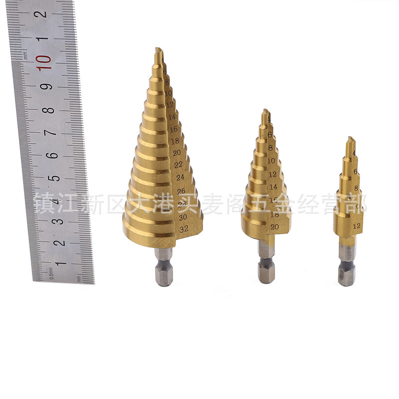 Hexagonal Handle Straight Groove Step Drill 4-32, 4-20, 4-12 Cloth Packed Titanium-Plated Pagoda Drill Hole Opener