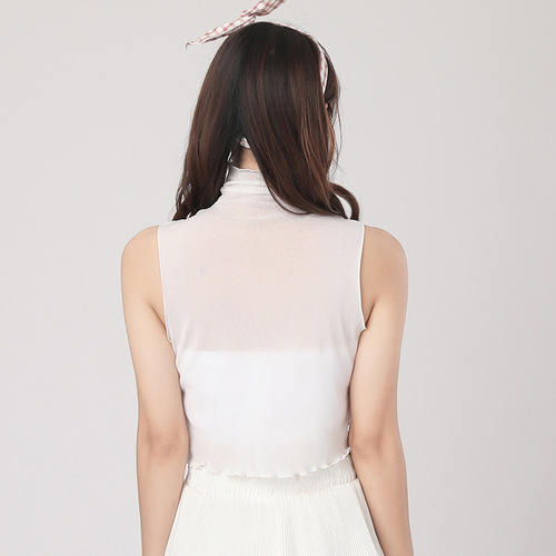 Thin bottoming shirt pure white half-high collar mesh see-through fungus with fake collar inside