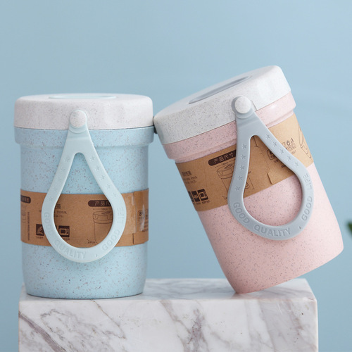Anti-scalding breakfast cup Japanese soup cup portable wheat straw plastic water cup microwave heating sealed leak-proof soup can