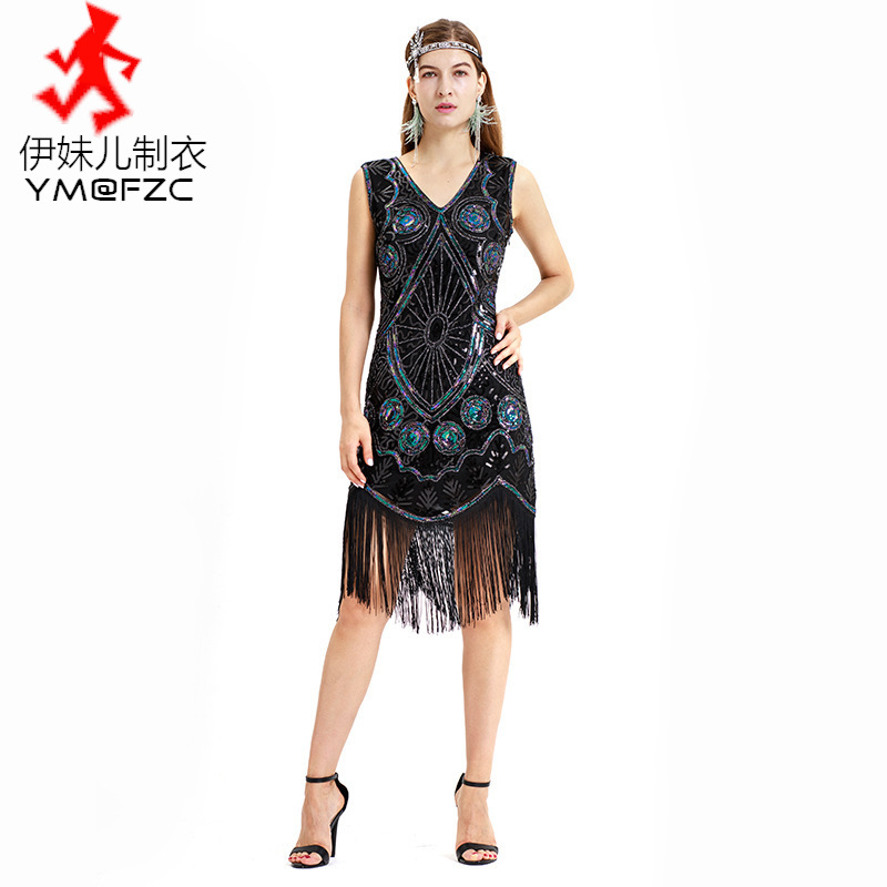 1920S Vintage Amazon Gatsby Costume Dress Hand-Knitted Sequin Deep V Front and Back Prom Performance Evening Gown