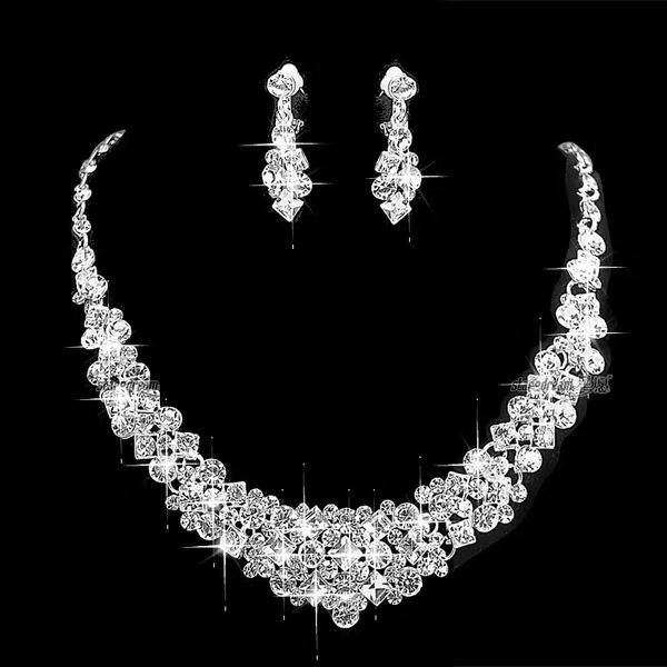 Cross-border New Bridal Chain Necklace Earrings Wedding Jewelry Bride Full Diamond Set Dinner Dress Accessories