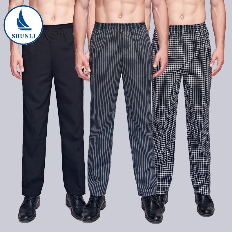 En stock chef pantalones Hotel uniforme más tamaño pantalones de trabajo cocina rayas guardapolvos Restaurante Camarero pantalones elásticos