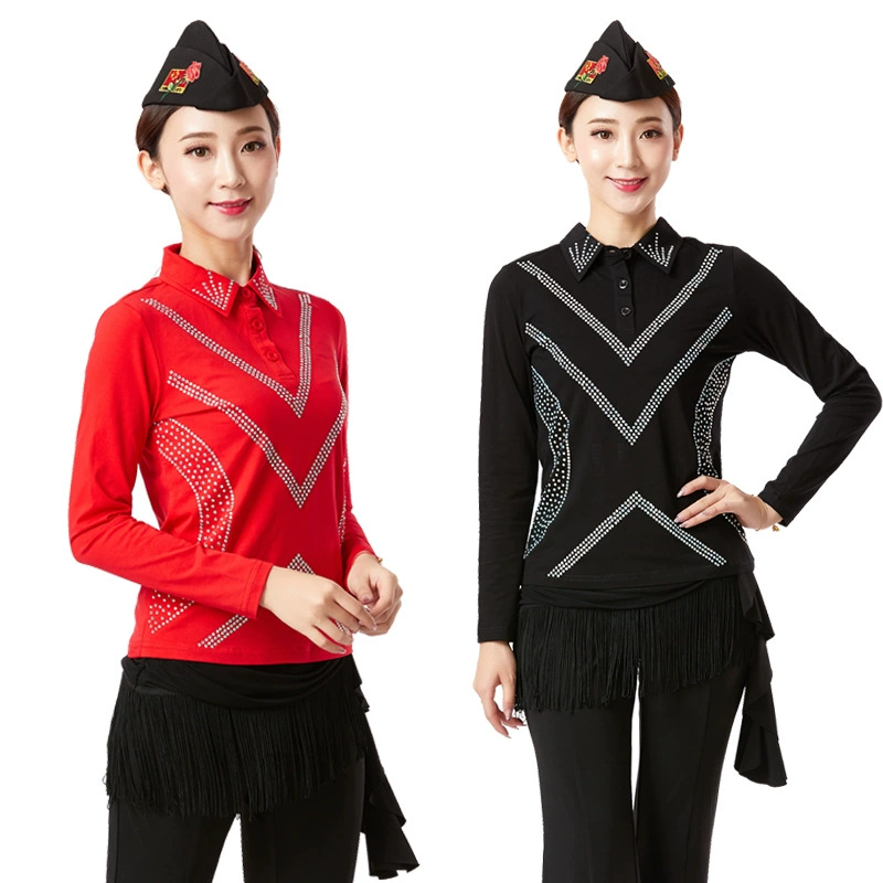 Осенний костюм лесного рыцаря для танцев моряков, женский новый костюм для танцев с длинными рукавами и бриллиантами, квадратный танцевальный топ с отворотом