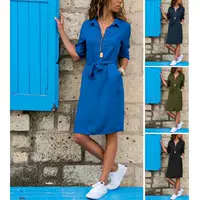 Новинка на eBay AliExpress, осенне-зимнее платье-рубашка с рукавами из семи точек и ремешком