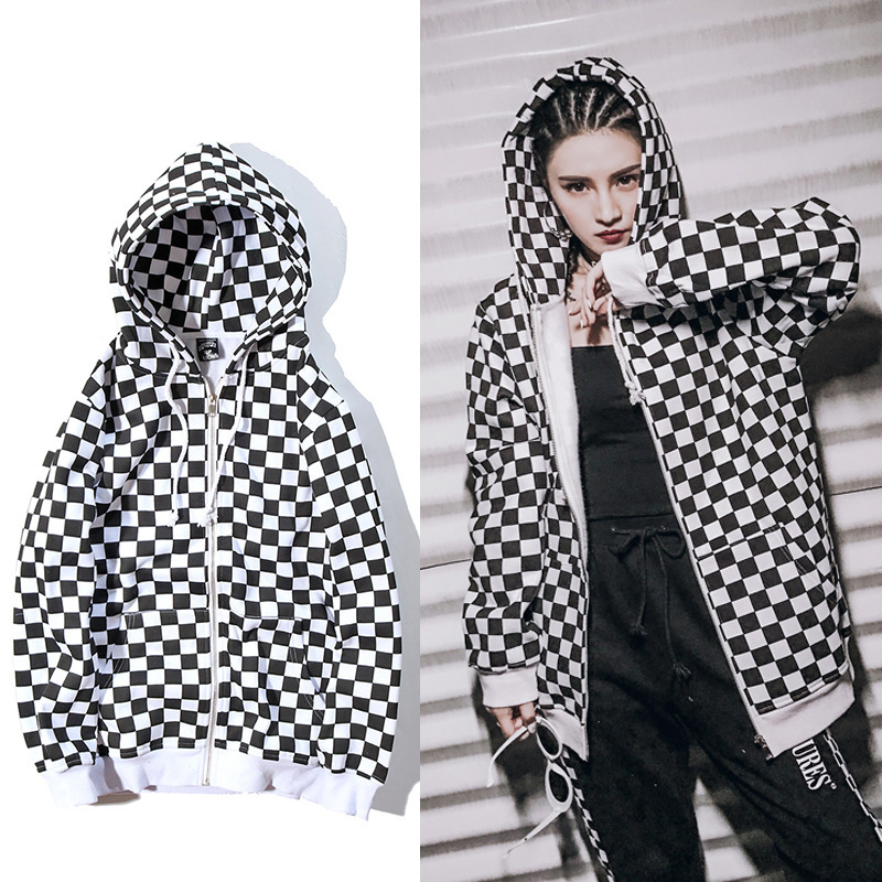 Harajuku Style BF Black and White Chessboard Plaid Cardigan fleece-lined Hooded Loose Sweater Korean Style Lns Trendy Brand Jacket for Men and Women