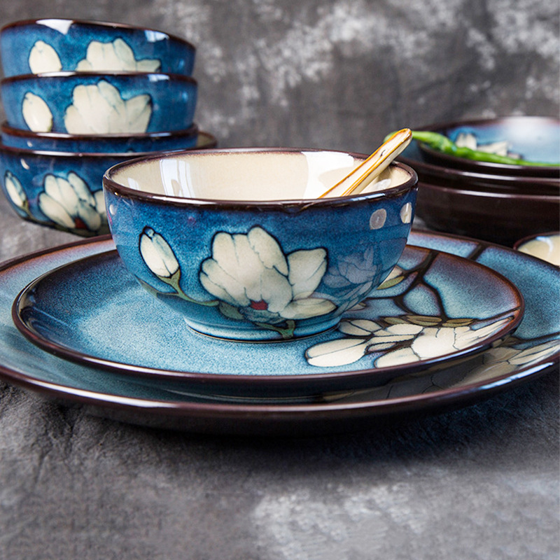 玉泉陶瓷馨兰餐具碗盘碗碟家用陶瓷面碗手绘釉下彩手绘陶瓷碗盘子