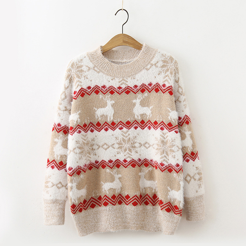 Cross-border Winter New Women's Long-sleeved Loose Imitation Sable Christmas Elk Pullover Knitted Shirt Fawn Sweater Top Cross-border Winter New Women's Long-sleeved Loose Imitation Sable Christmas Elk Pullover Knitted Shirt Fawn Sweater Top