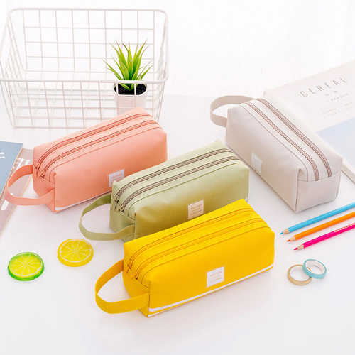 New creative double-layer pencil bag large capacity portable stationery bag simple Oxford cloth double zipper pencil bag wholesale
