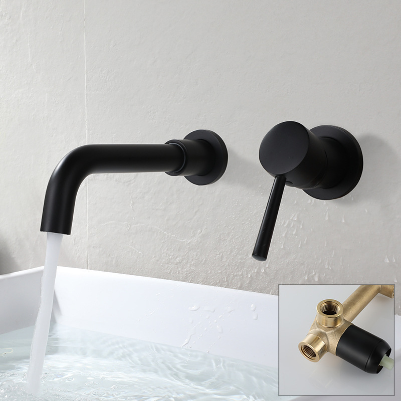 In-wall basin faucet matte black round rotatable concealed embedded all copper retro hot and cold household faucet