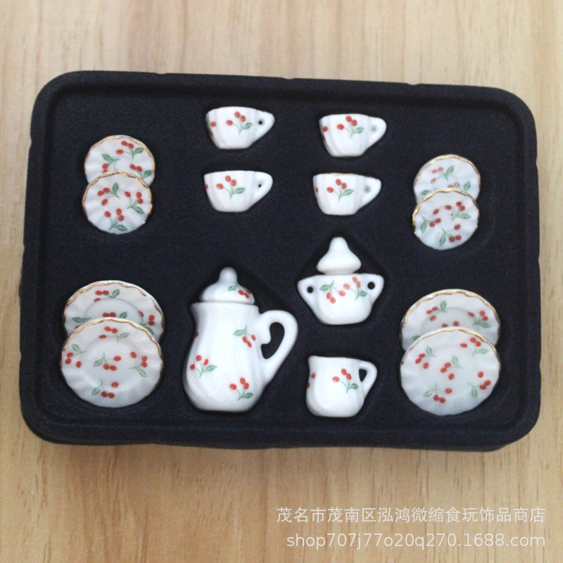 Accesorios de casa de muñecas de tela pequeña modelo en miniatura accesorios de soldado mini simulación juego de té de cerámica conjunto de 17 piezas