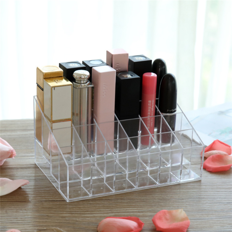 Acrylic Transparent Nail Polish Eyebrow Pencil Display Stand Makeup Cosmetics Plastic Storage Box Desktop 24-Grids Lipstick Rack