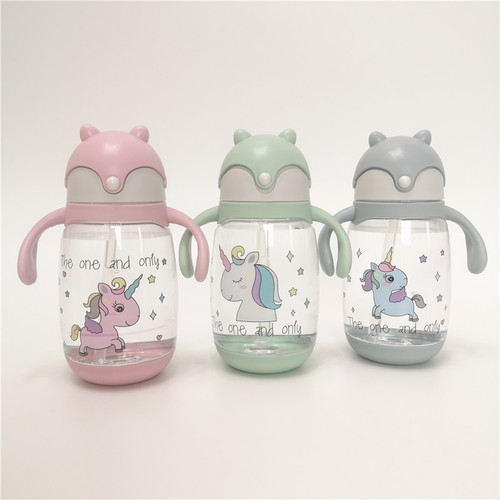 Baby learning to drink cup children's straw cup, anti-shatter, anti-leak plastic cup, fox sliding lid belt student cup