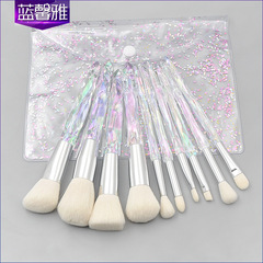 新款 10支鑽石透明玻璃鑽石柄化妝刷柄 纖維毛PVC袋包裝 工廠直銷
