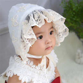 韩版婴童刺绣帽蝴蝶花边棉布蕾丝宫廷帽套头帽包头帽宝宝摄影帽子