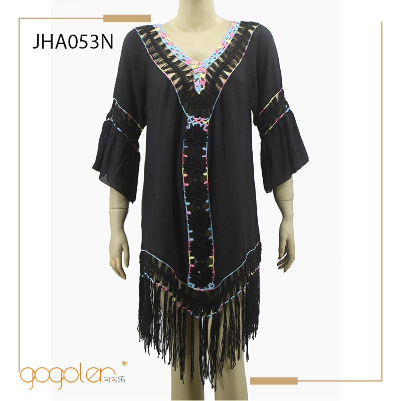 New women's national style handmade crochet hollow tassel blouse factory direct supply hand hook backless tassel blouse