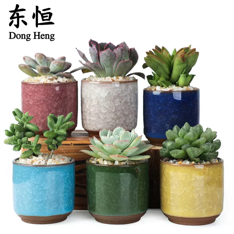 东恒 热卖冰裂花盆迷你办公桌小花盆 多肉组合小清新彩色陶瓷花盆