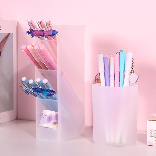 Simple oblique plug-in transparent frosted desktop pen holder office desk storage box pen bucket student stationery