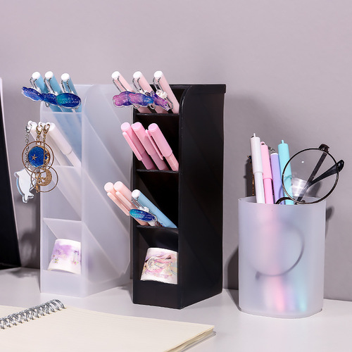 Simple oblique plug-in transparent frosted desktop pen holder office desk storage box pen bucket student stationery