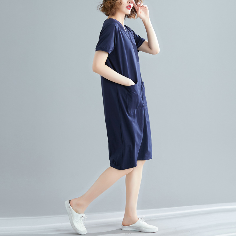 Gran tamaño de ropa de mujer de verano suelta coreana media y larga camiseta gorda mm color sólido V-collar delgado vestido de mangas cortas