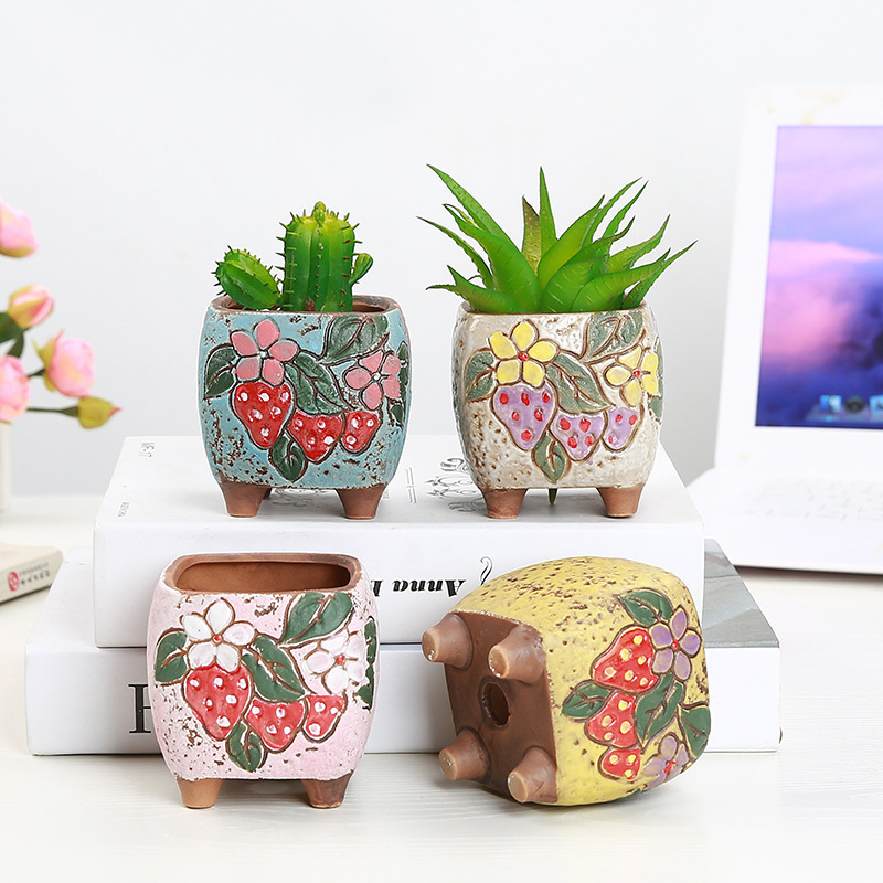 多肉陶磁器植木鉢diy手描き陶磁器植木鉢粗陶通気デスクトップ韓国式カラー角型多肉盆|undefined