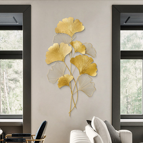 New Chinese style light luxury iron art ginkgo leaf three-dimensional wall hanging simple living room dining room background wall decoration pendant decorative painting