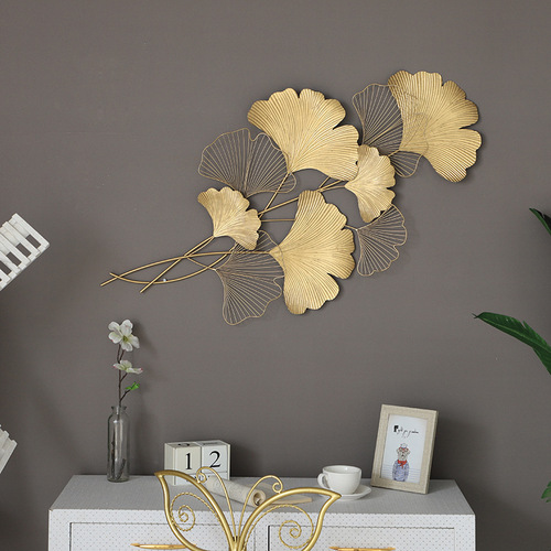 New Chinese style light luxury iron art ginkgo leaf three-dimensional wall hanging simple living room dining room background wall decoration pendant decorative painting