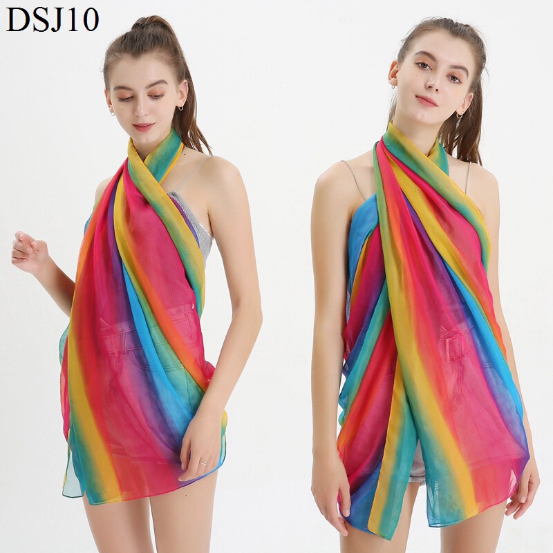 New Gradient Rainbow Color Silk Scarf Women's Large Size Simulated Silk Scarf Wholesale Travel Beach Towel Chiffon Scarf New Gradient Rainbow Color Silk Scarf Women's Large Size Simulated Silk Scarf Wholesale Travel Beach Towel Chiffon Scarf