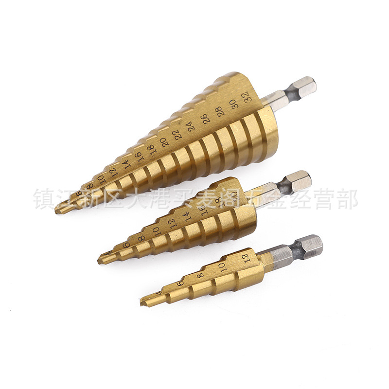 Hexagonal Handle Straight Groove Step Drill 4-32, 4-20, 4-12 Cloth Packed Titanium-Plated Pagoda Drill Hole Opener