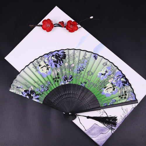 Full head green silk folding fan with carved logo bamboo craft fan animation advertising fan factory wholesale