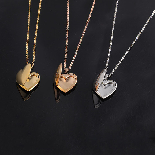 Cross-border mirror stainless steel glossy peach heart love photo box necklace can hold photo photo box necklace