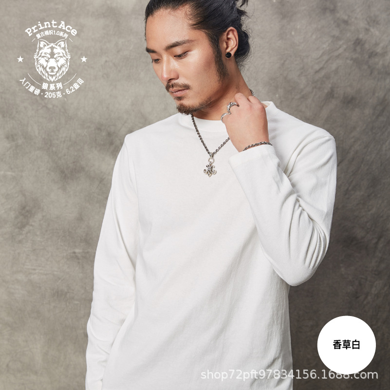 Printace Vintage 咔叽复古全棉重磅纯色无缝筒织圆领长袖男 6230
