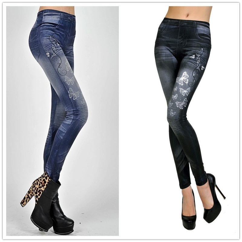 wish best selling imitation denim leggings women cross-border small butterfly printed hip super elastic pants manufacturers wholesale