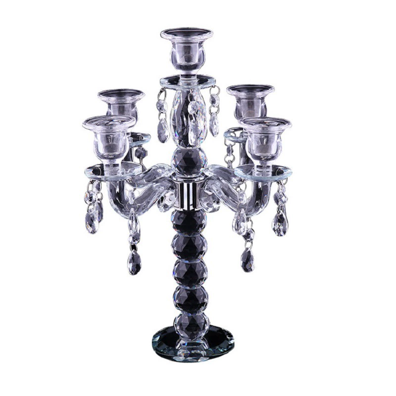 Crystal Multi-Arm Candlestick, Transparent Glass 5-Head Centerpiece, Height 35.5 cm