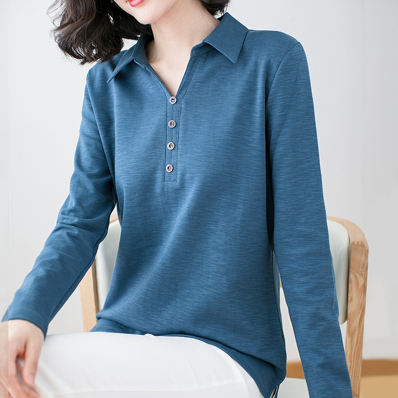 2025春季新款韩版大码宽松翻领中年妈妈女装棉质长袖T恤打底衫女