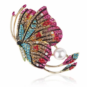 Lanhao Korean style fashionable colored diamond drop oil enamel butterfly insect pearl brooch corsage pin accessories