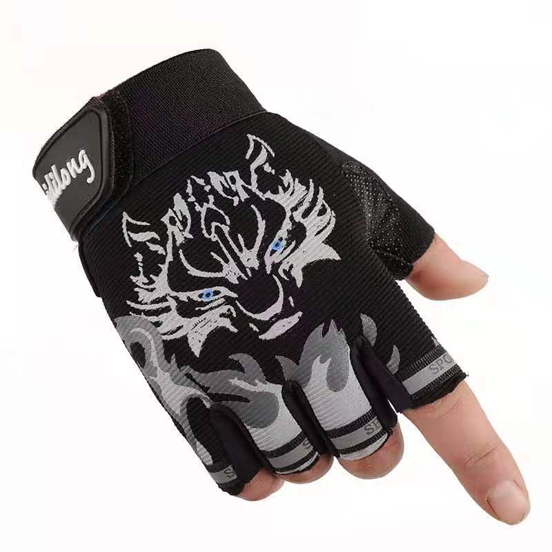 Guantes de medio Dedo de equitación nuevos hombres y mujeres cabeza de lobo guantes de fitness al aire libre transpirable Delgado táctico guantes de los niños