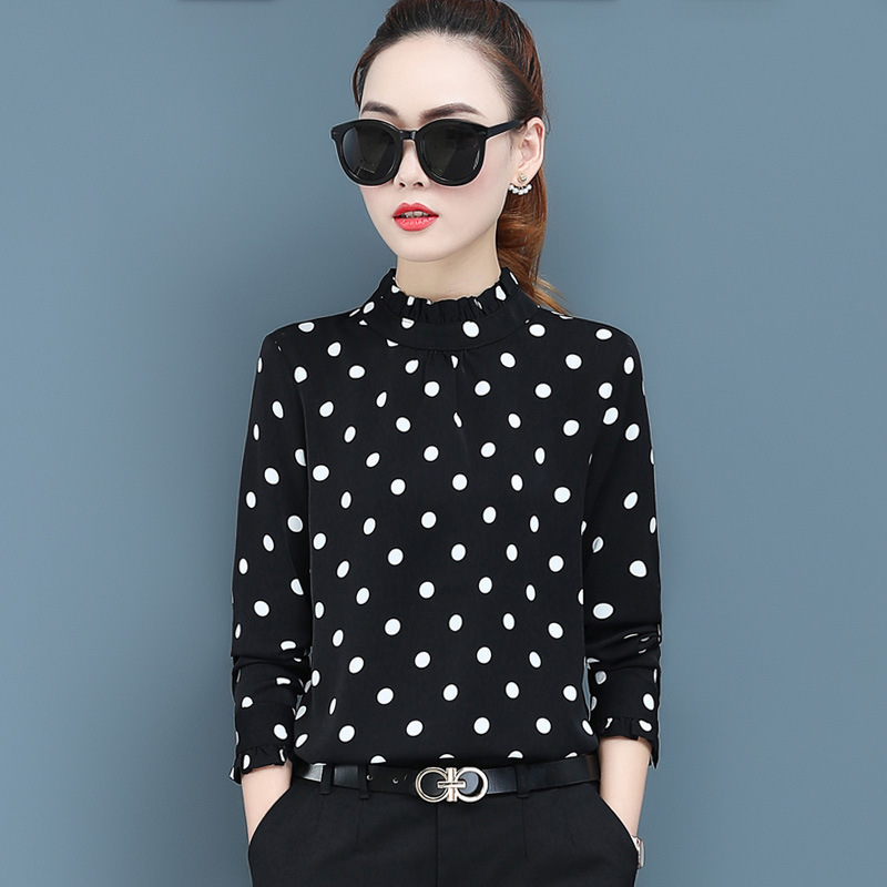 Chiffon Polka Dot Shirt for Women, Long-Sleeved, Versatile, Professional Style, Lace Collar, Base Shirt, Trendy, Unique, Loose Fit