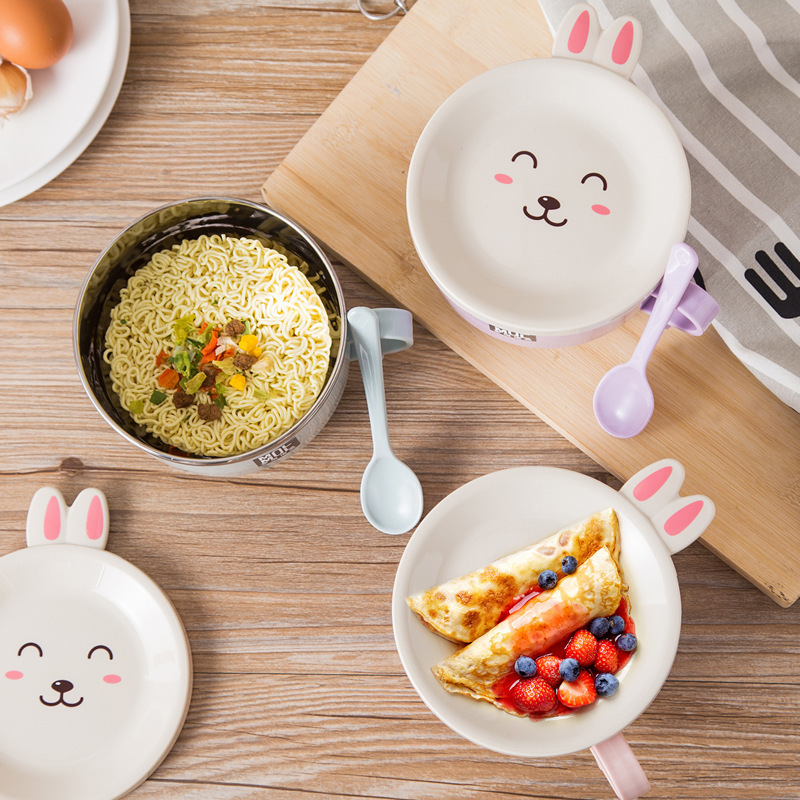 Factory wholesale stainless steel double-layer anti-scalding instant noodle bowl cute rabbit with lid and spoon instant noodle bowl set