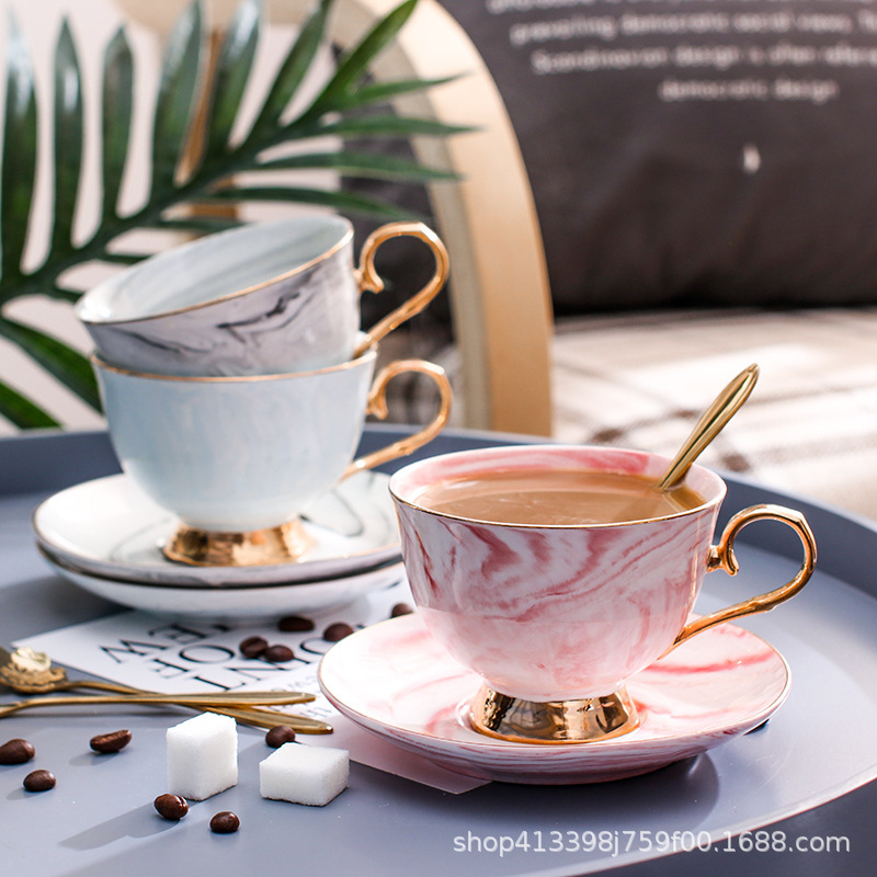 Nordic Marble Phnom Penh Ceramic Coffee Cup and Saucer Set with Spoon with Handle with Tray Afternoon Flower Tea Set