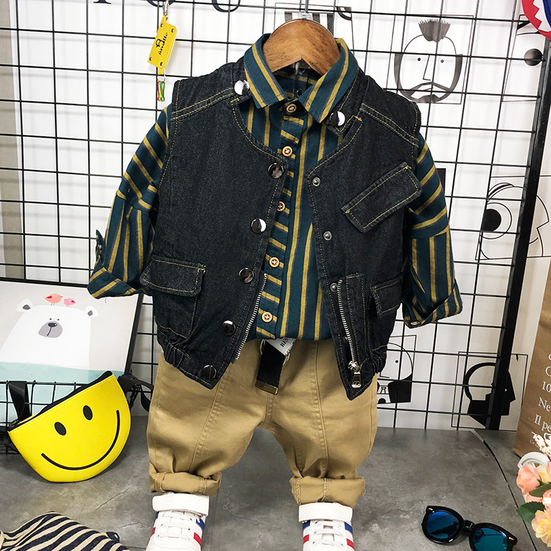 Korean Autumn Suit Children's Vest Shirt Casual Pants Three-Piece Set Boy's Mickey Mouse Vest Suit Fashionable Hair