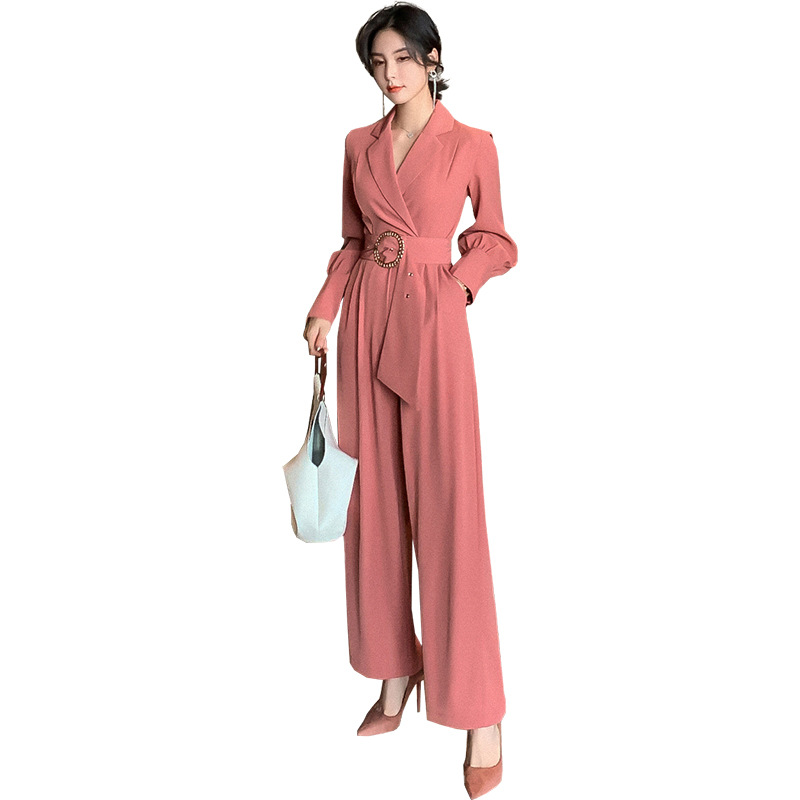 Jumpsuit nữ dài tay cổ vest ôm sát eo cao màu đỏ gạch — Màu đỏ gạch