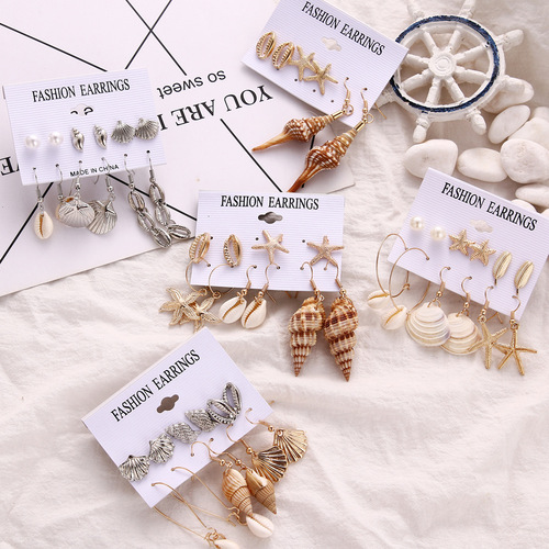AliExpress New Style European and American Style Conch Series Earrings Female Starfish Shell Seaside Beach Style Earrings 6 Pairs Set