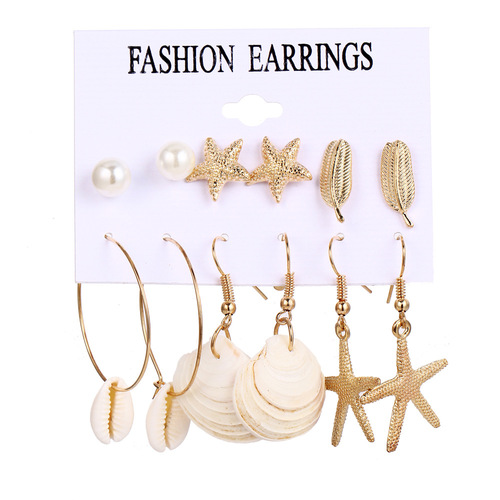 AliExpress New Style European and American Style Conch Series Earrings Female Starfish Shell Seaside Beach Style Earrings 6 Pairs Set