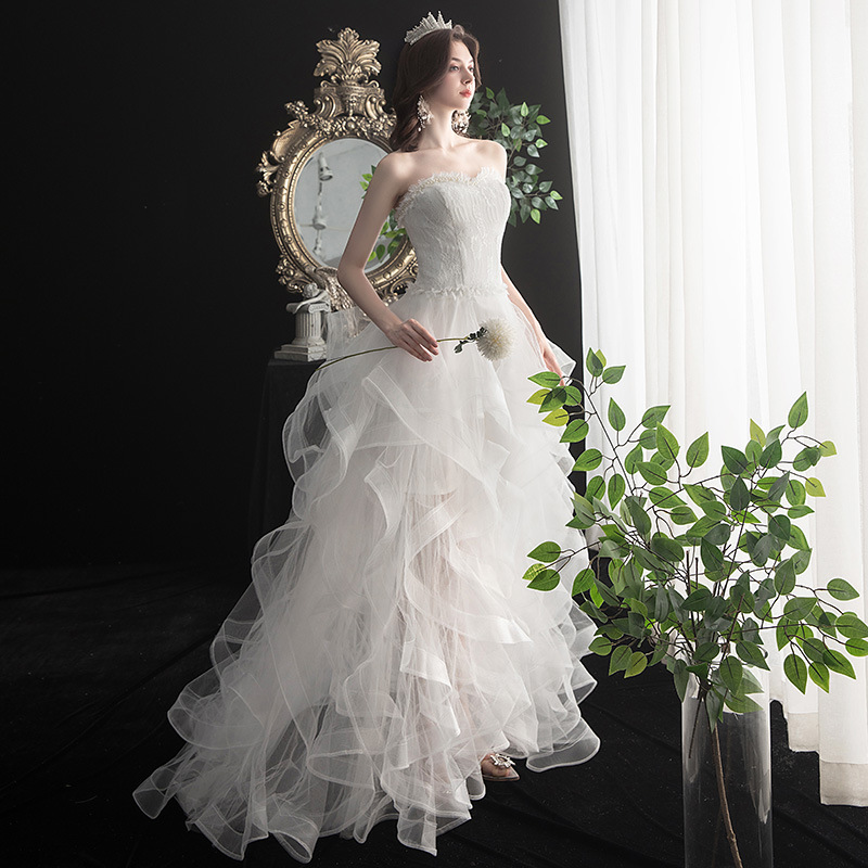 2025 Spring New Front Long Back Small Train Wedding Student Princess Puffy Cake Studio Short Dress_voghion.com