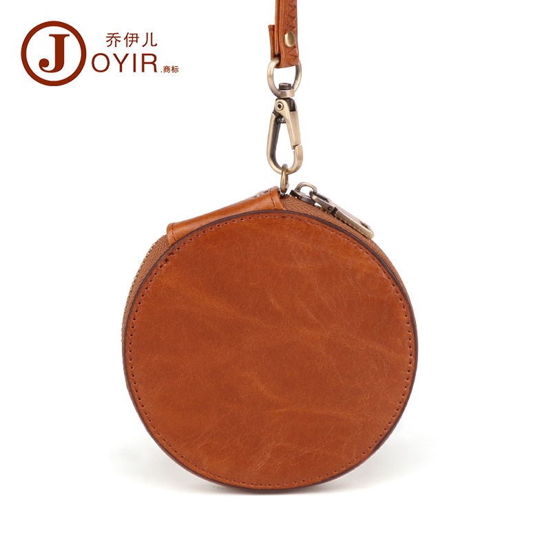 Leather Round Change Bag Top Layer Cowhide Coin Wallet Lovely Retro Zipper Small Wallet Factory Direct Sales