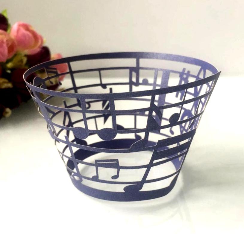 Láser transfronterizo hueca taza de papel pastel borde de papel nota negra tema musical pentagrama decoración taza de papel encaje