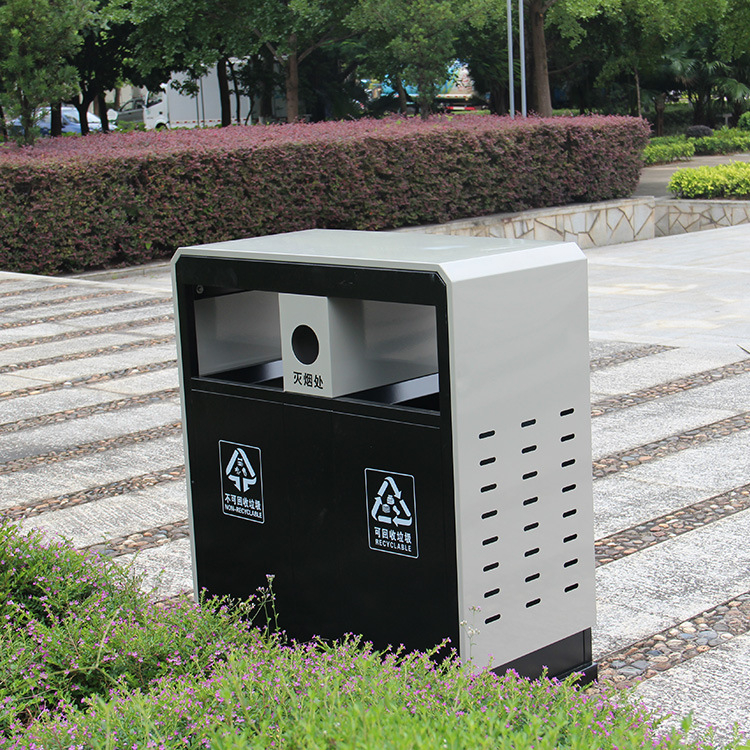 户外双桶烤漆钢制果皮箱景区分类环保顶盖垃圾桶厂生产垃圾桶批发